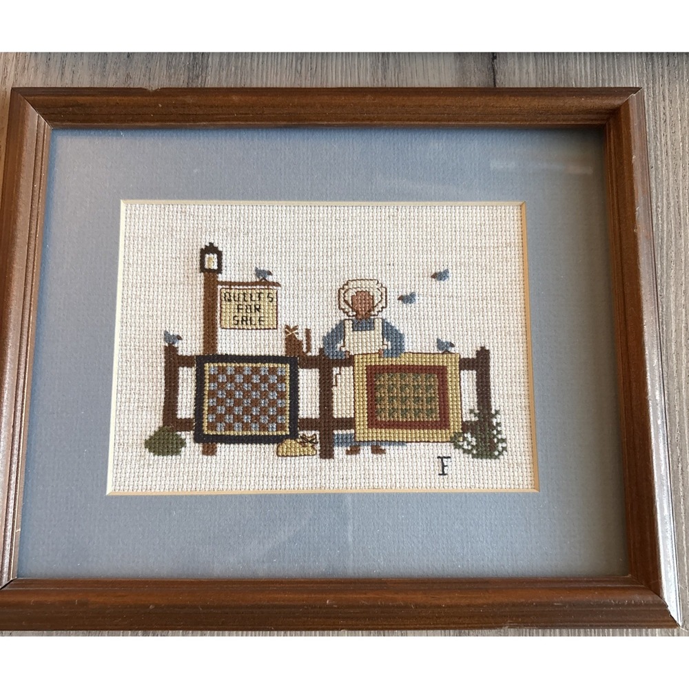 Vintage Framed Completed Cross Stitch Needlepoint Quilts for Sale Amish Theme